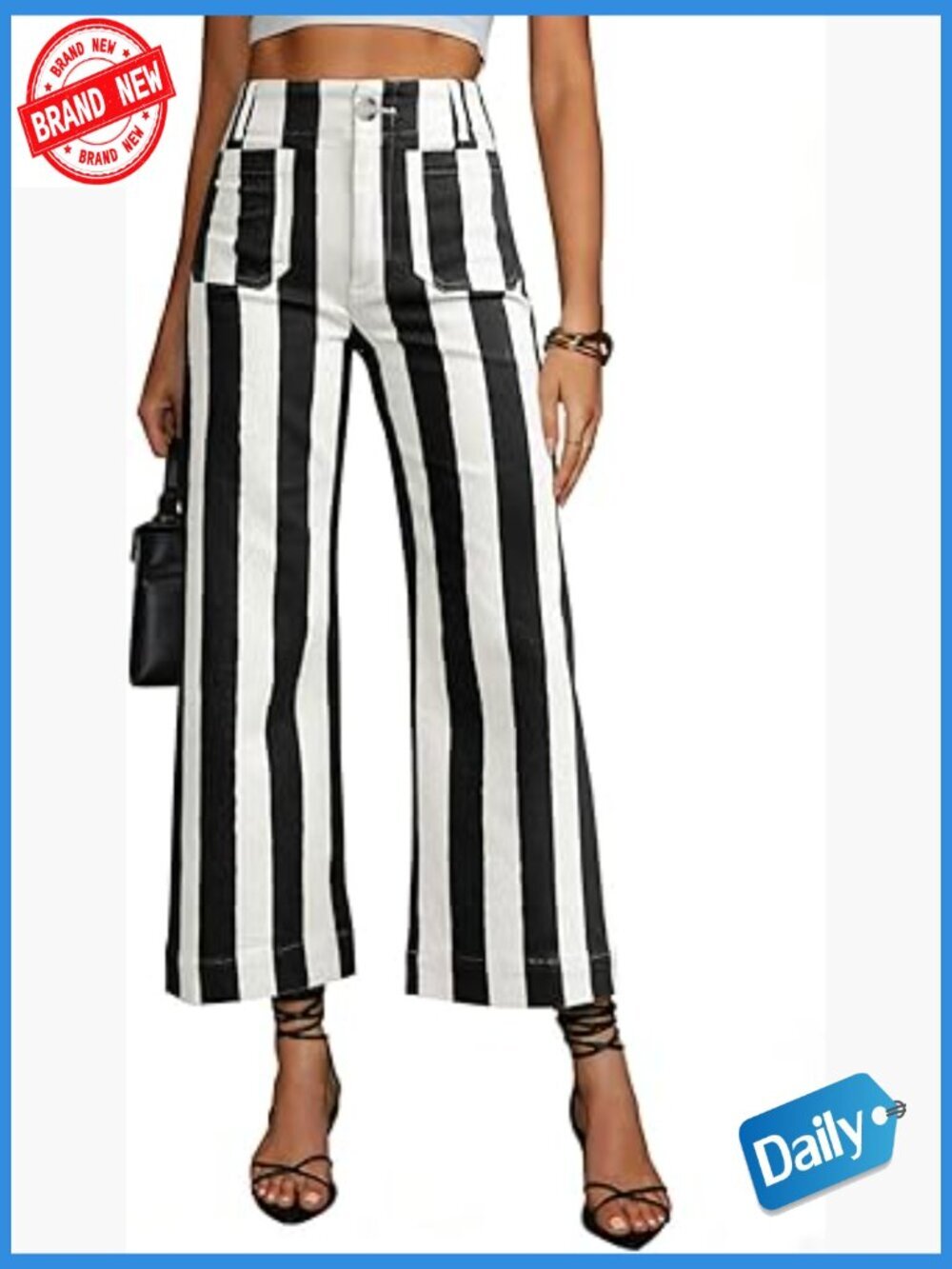 High Waist Cropped Striped Straight Leg Pants with Pockets
